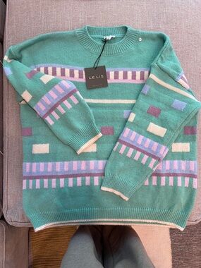 Le Lis Green Geometric Patterned Sweater with Purple and Cream Accents